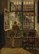 Henrik Nordenberg Interior with a boy at a window oil